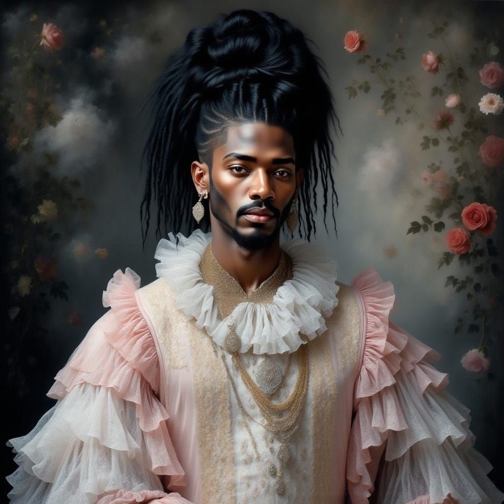 <lora:Rufflelace Intensity:1.0> A Rococo style painting, white and pink dress wearing Arabic man with a high hairstyle, full body, Renaissan...