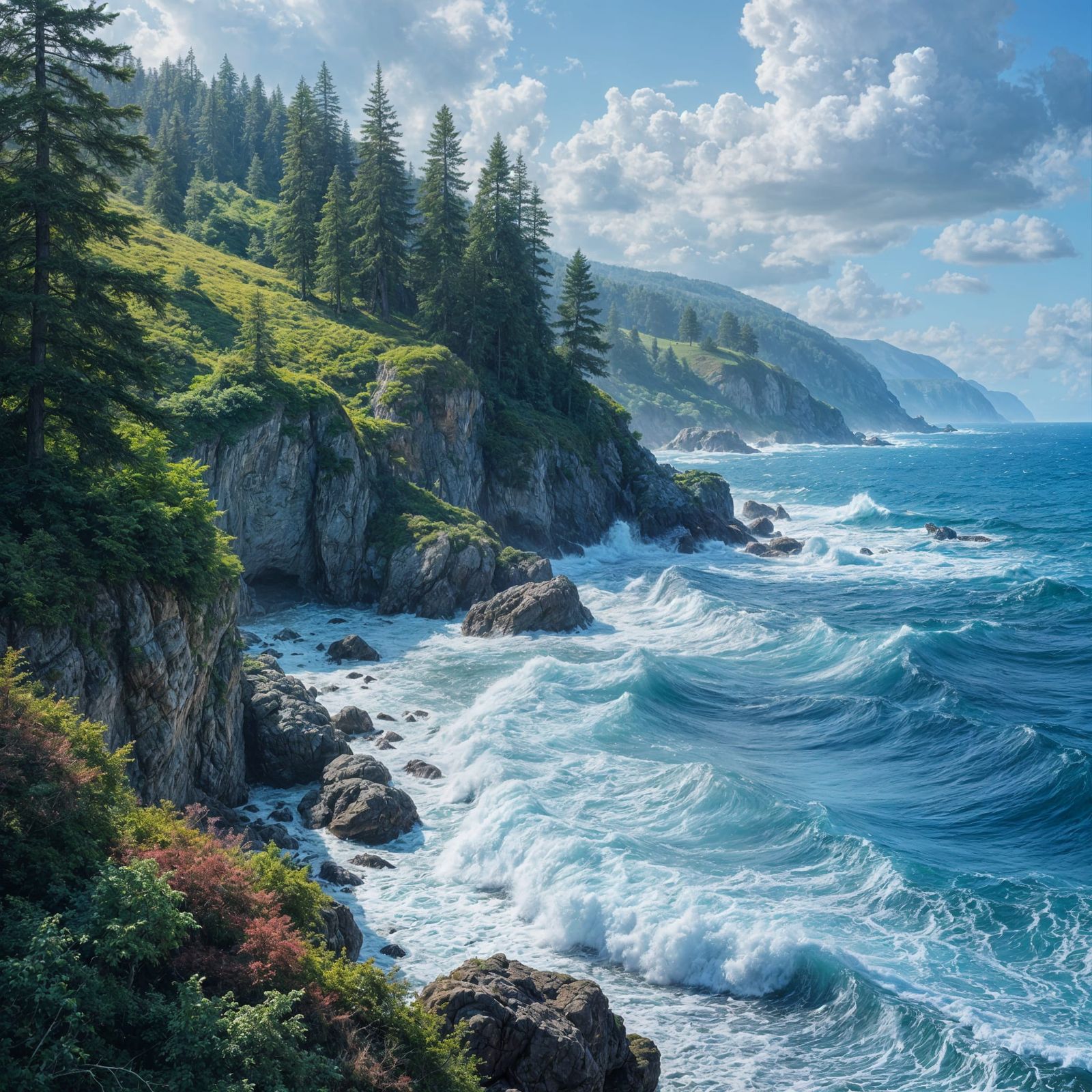 4k resolution image, a forested hillside overlooking a roaring sea, dramatic inspiring landscape, fantasy ...  by @SirEdmund