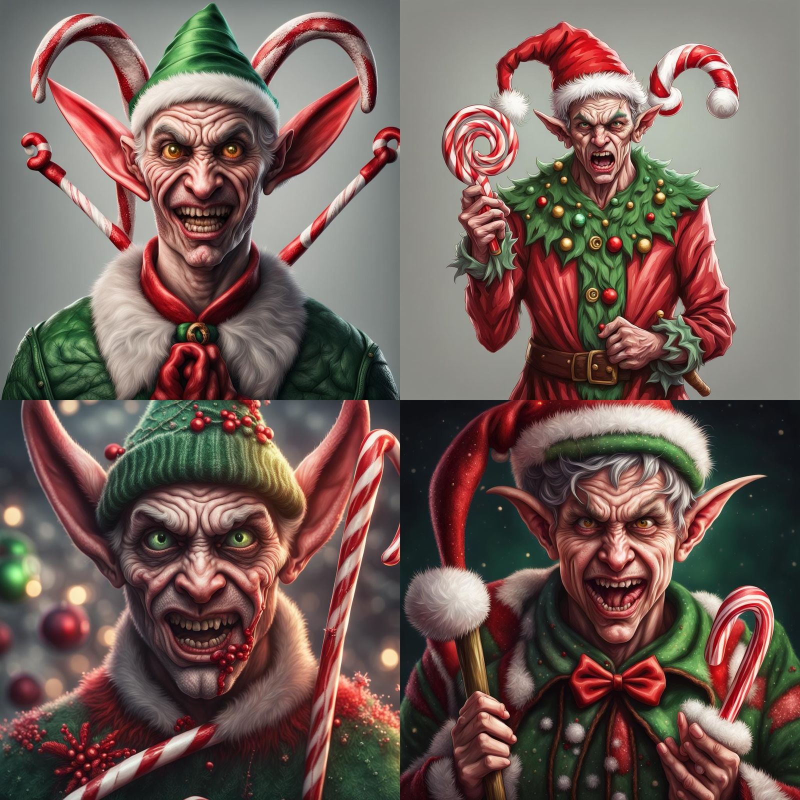 Portrait of a Deranged demonic Christmas elf with a pointy candy weapon ...