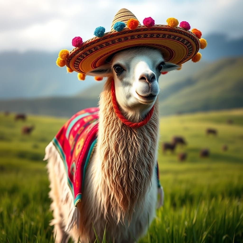 A llama wearing a hand-woven sombrero and a brightly colored, embroidered blanket, standing in a lush, ...  by @mgafner