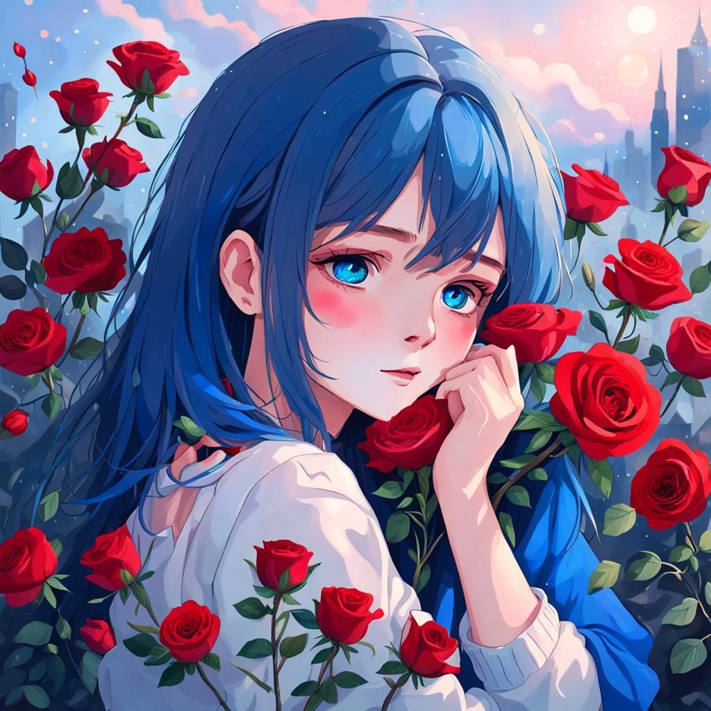 Blue Roses Under Cloudy Night Sky