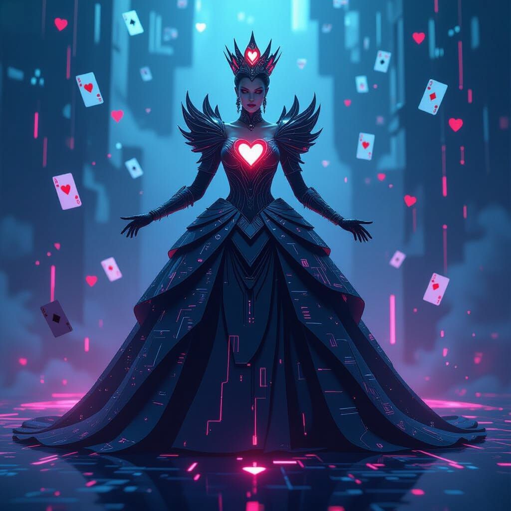 A Queen of Hearts, reimagined as a powerful cyberpunk-sorceress, stands amidst a storm of playing cards