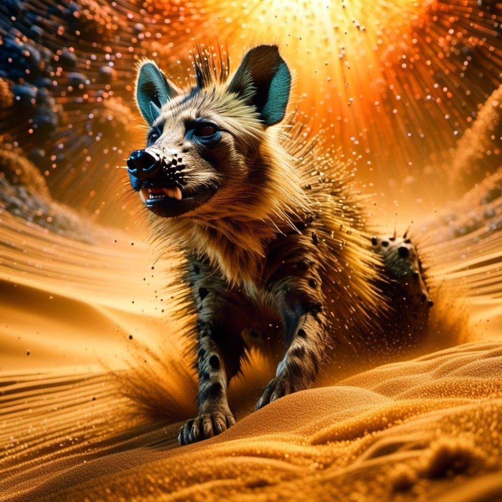<lora:1TI-E:1.0> a sandstorm shaping a hyena , hyperrealistic fantasy image, hyperdetailed higly intricate sand, renaissance painting, space...