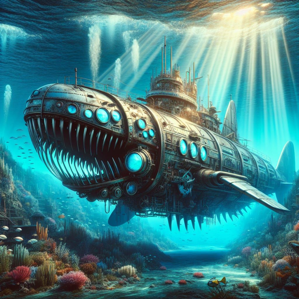 Giant Steampunk Mechanical Metal Shark Submarine