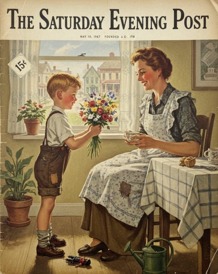 The front cover of the Saturday Evening Post with an illustration of a young boy giving his mother flowers ...  by @Dantonio