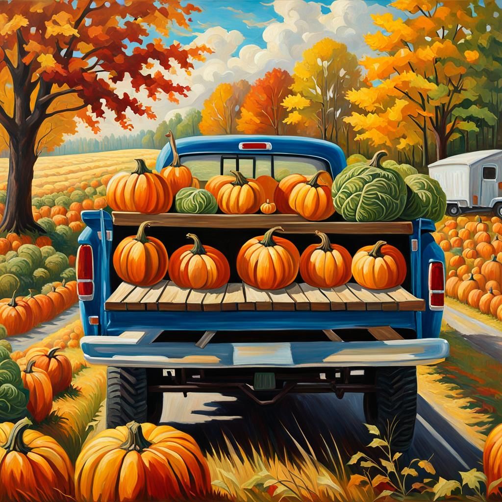 vibrant fall day in the country  rear view Old pick up truck an the side of the road selling the fall ...  by @INTERCEDENCE