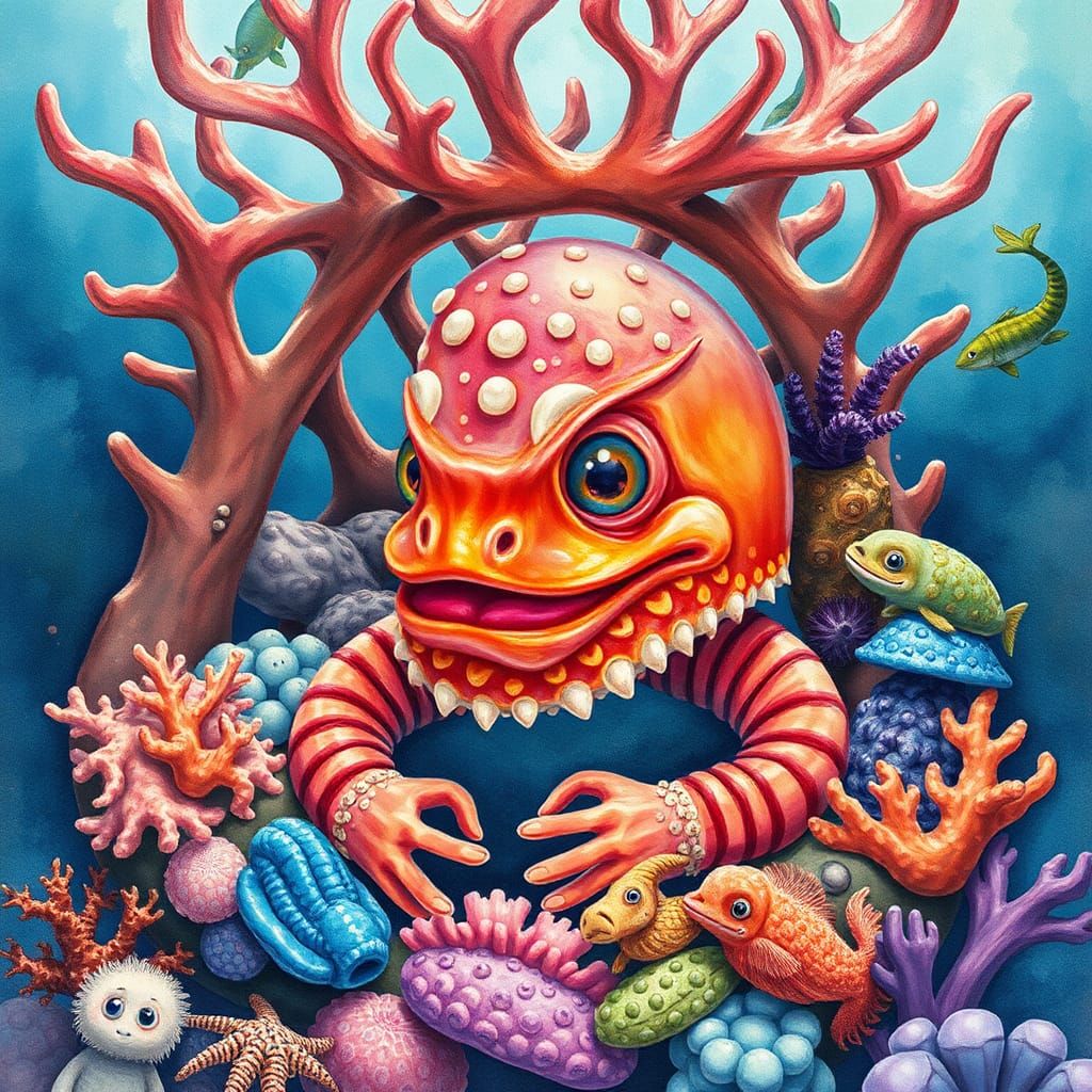 Portrait of the GillMan as a baby, in a coral reef crib. Sea creatures