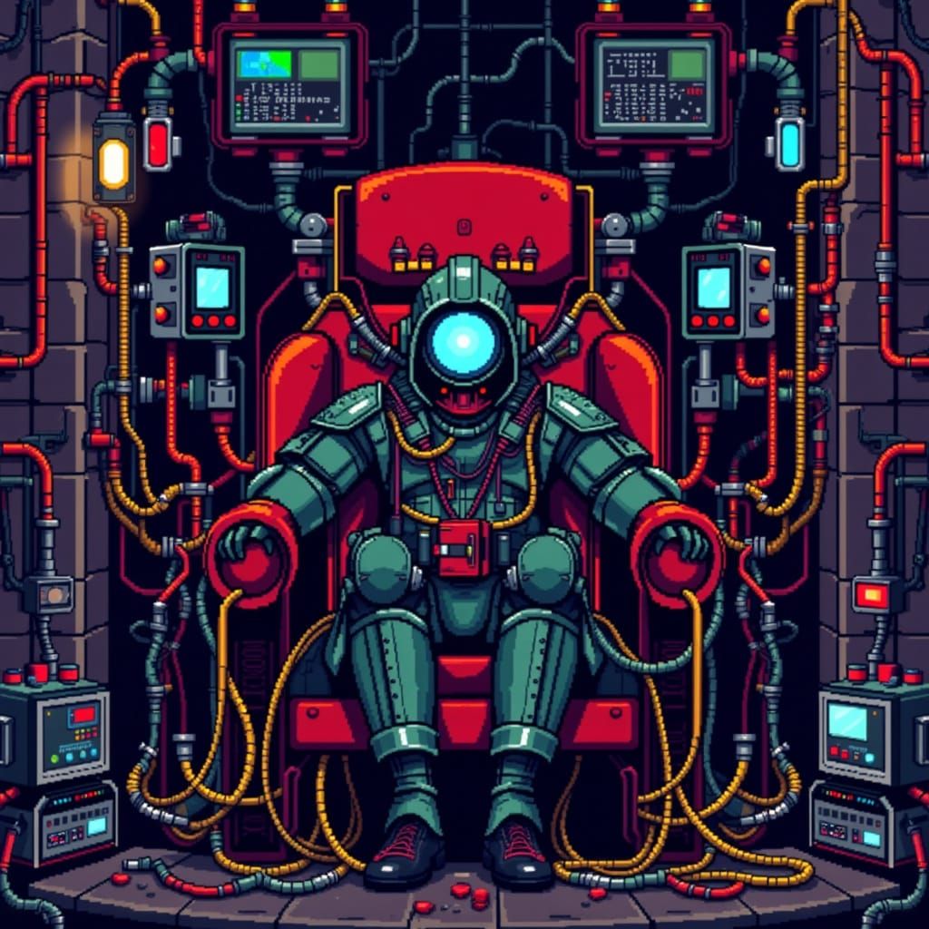 <lora:Retro VG Pixel Art:1.0> A pixel art, NES Famicom style, 8-bit video game steampunk soldier sitting in a steampunk chair connected to w...