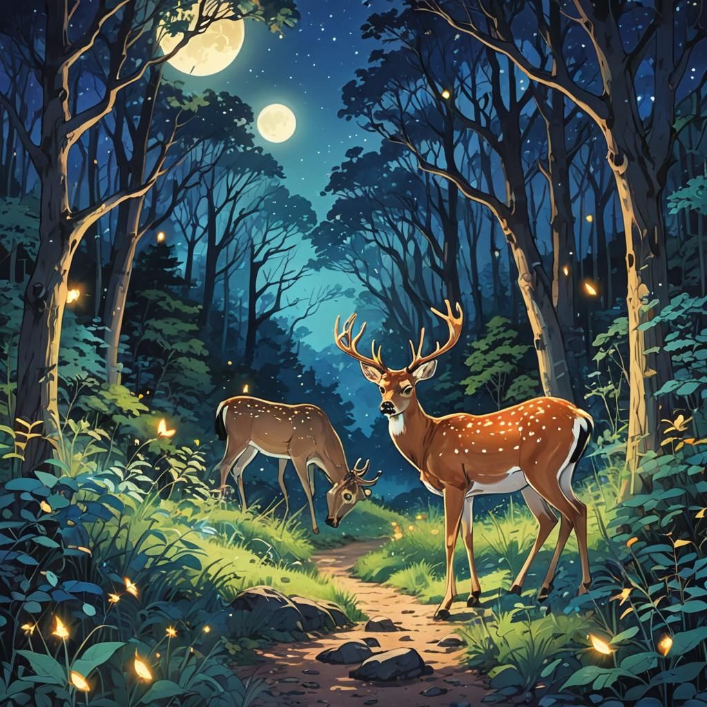 Liminal Fauvism, forest trail, deer, fireflies, blue hues, moonlit  by @SAUCED IMPROV 