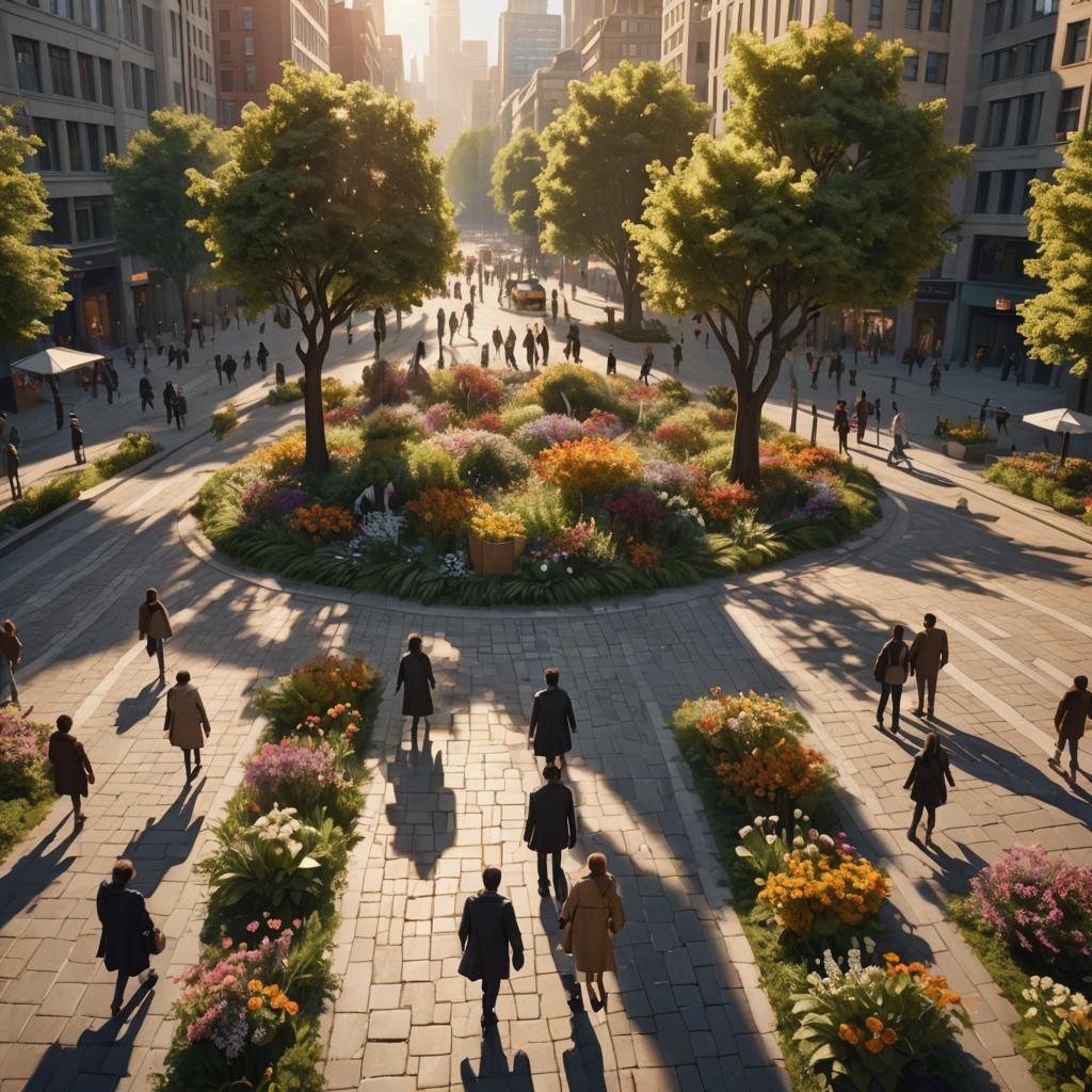 Lush City Square in Morning Light: Matte Painting