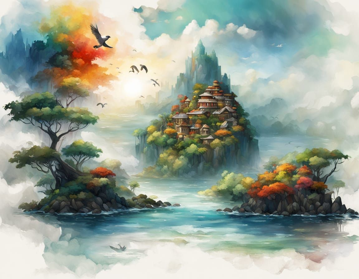 Lots of contrasting colors of an "island" in the middle of the sea, the "Island of Dreams".