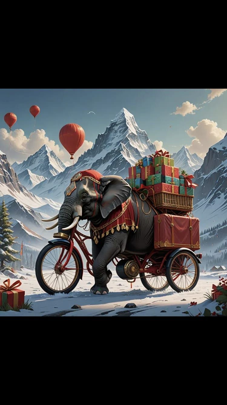 Make the elephant riding scooter and carrying a board with “Heading to nepal to distribute these presents to ices member...