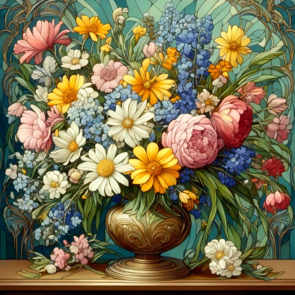 <lora:Art Deco Nouveau:1.0> beautiful stunning vase of wildflowers on a Victorian desk art deco art nouveau 