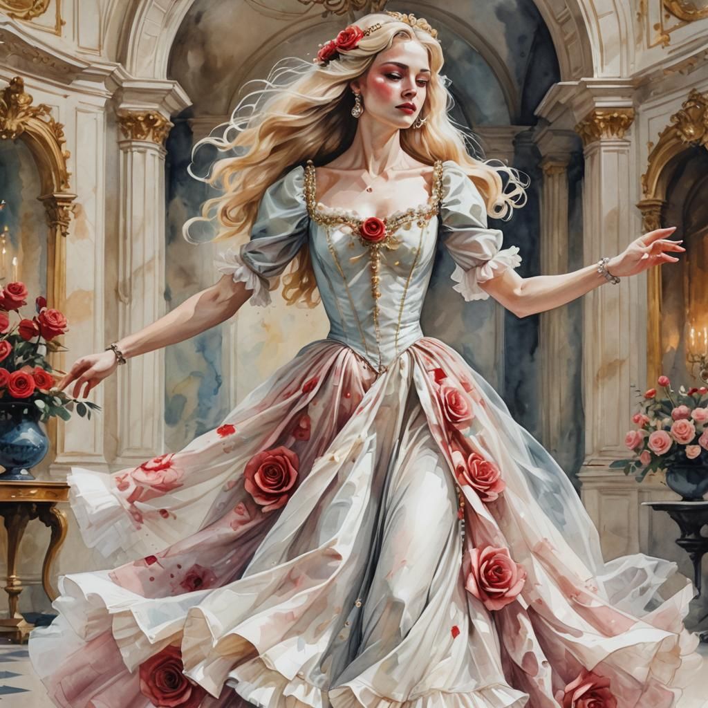 Baroque Woman Dancing with Prince in Watercolor Style