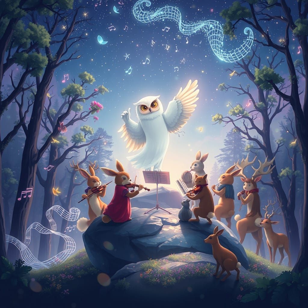 In a mystical forest under a starlit sky, a ghostly conductor stands atop a shimmering rock, guiding ...  by @LordSamourai