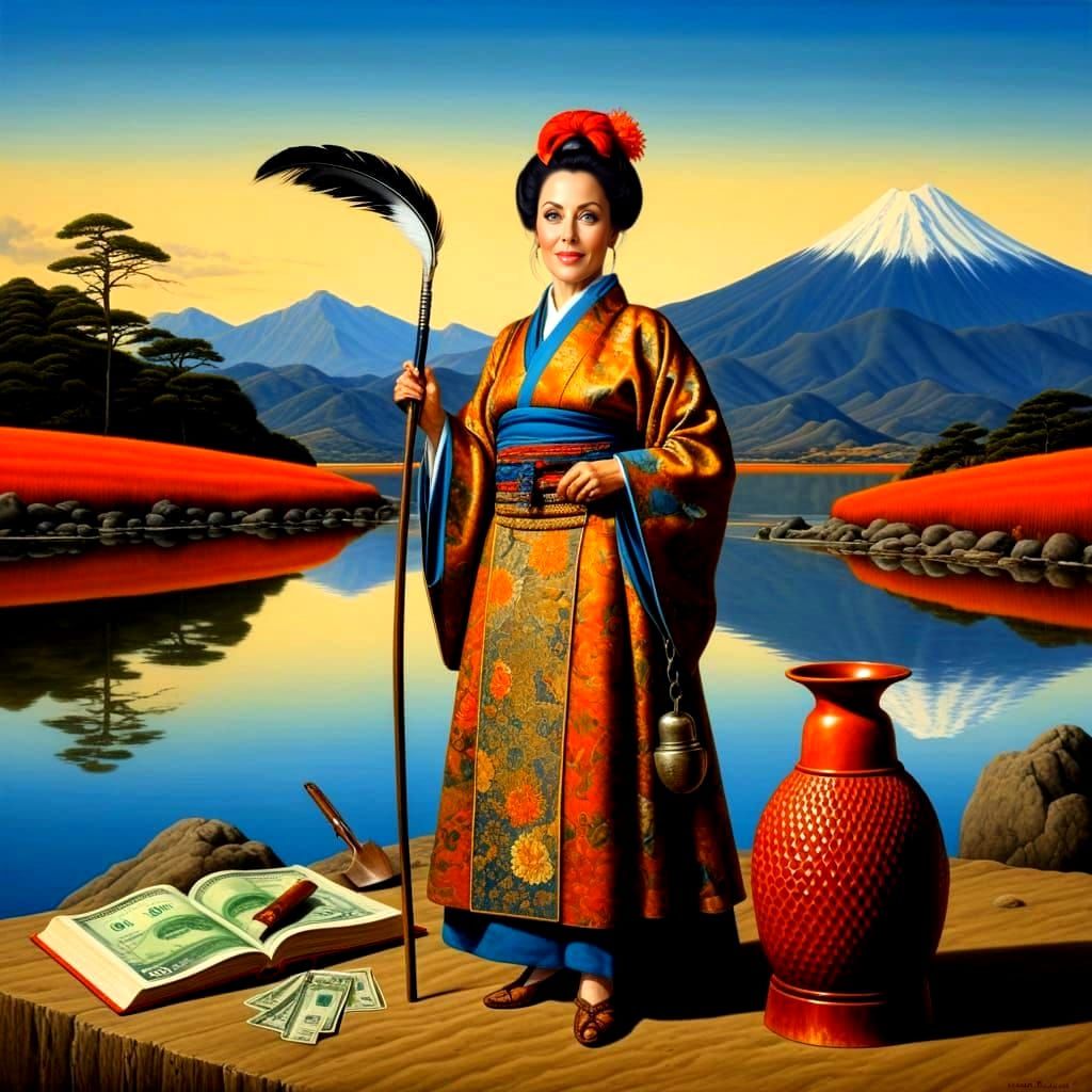 Happy Lady in Surreal Medieval Japanese Landscape
