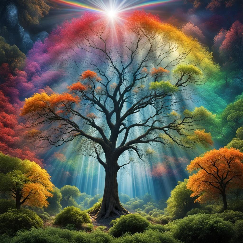 Paisaje mágico que cruza los límites entre la fantasía y realidad, tiene un árbol gigante de cristal ...  by @Hector Dominguez