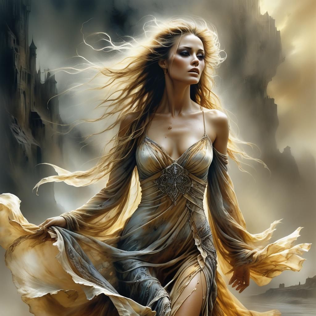 Anastacia, in the style of Luis Royo, poses as a high-detail...