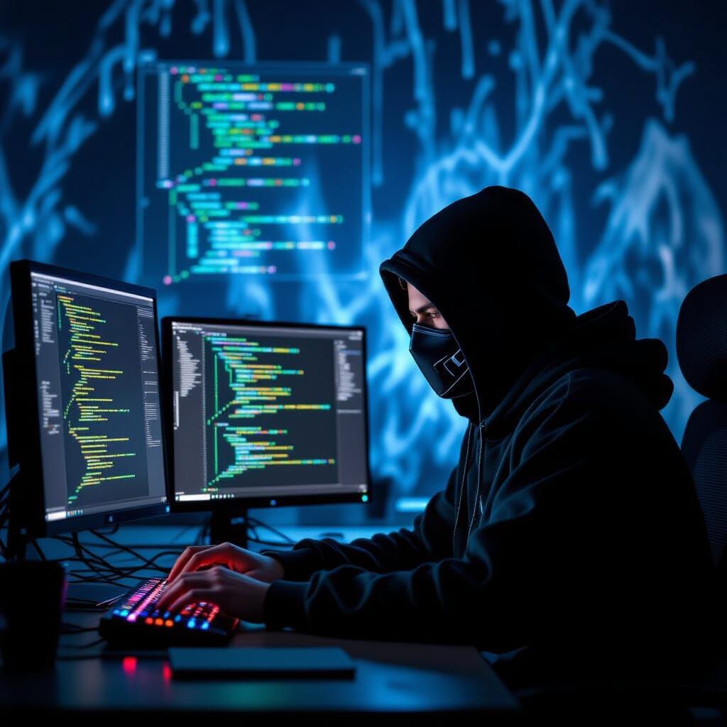 Hacker in Dark Room Working with Computer Code