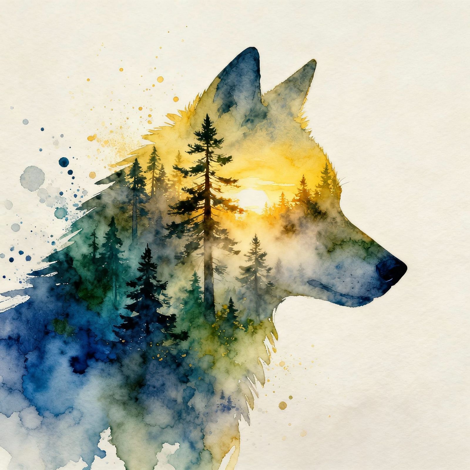 Wolf Silhouette Double Exposure with Mystical Forest