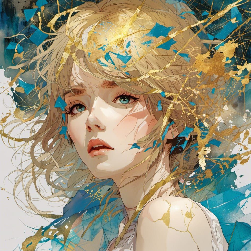 delicate professional kintsugi gilded cracked_Clear glass cube_anime ...