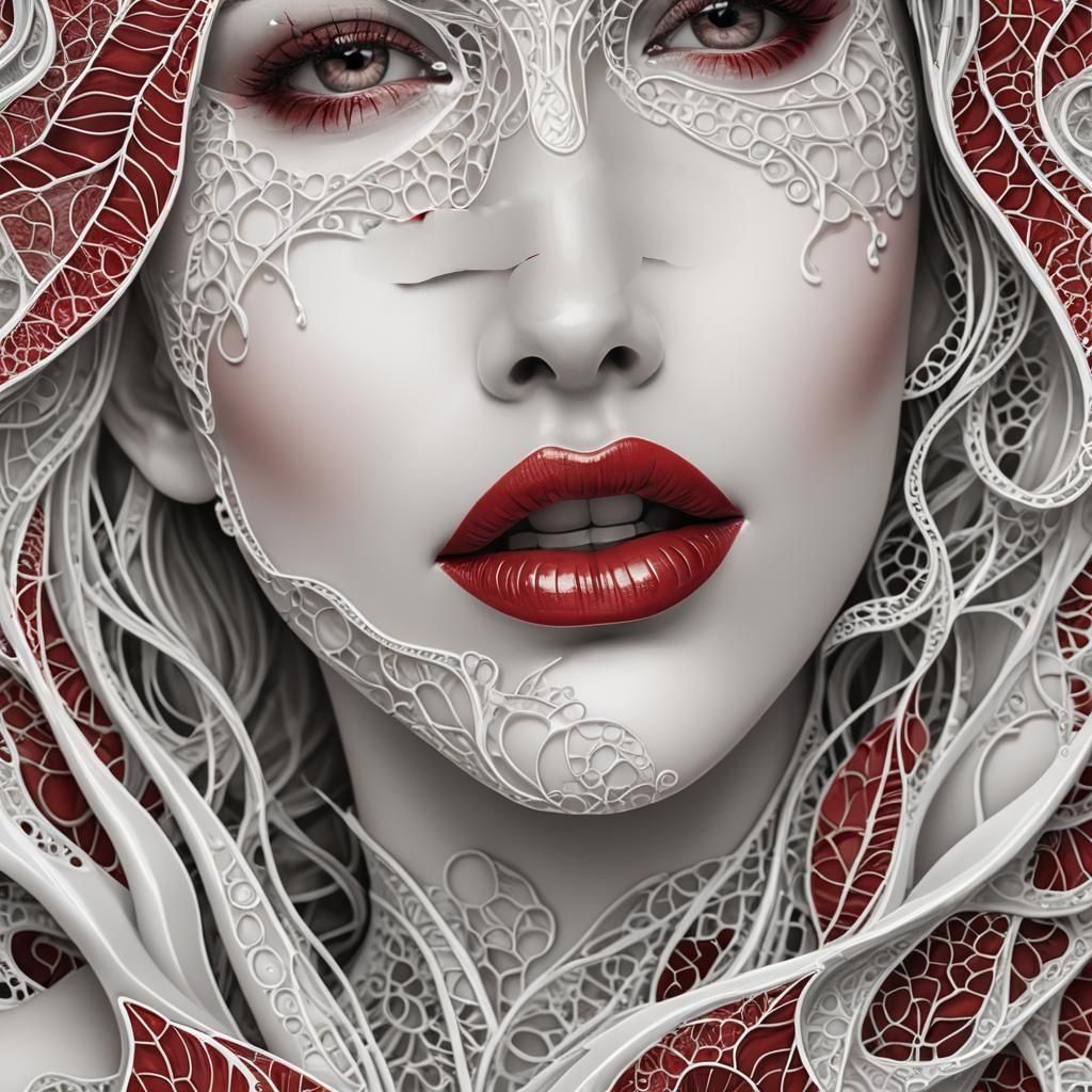 A woman's tongue and partially open Ruby red lips. Delicate white porcelain skin. Flawless complexion. 
Vector fractal zentangle.