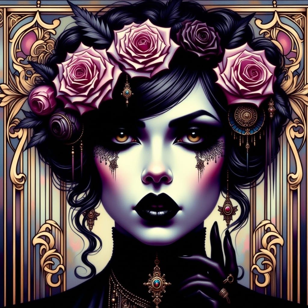 <lora:Romantic Goth:1.0> romantic goth punk woman front facing art deco nouveau oil acrylic in color 