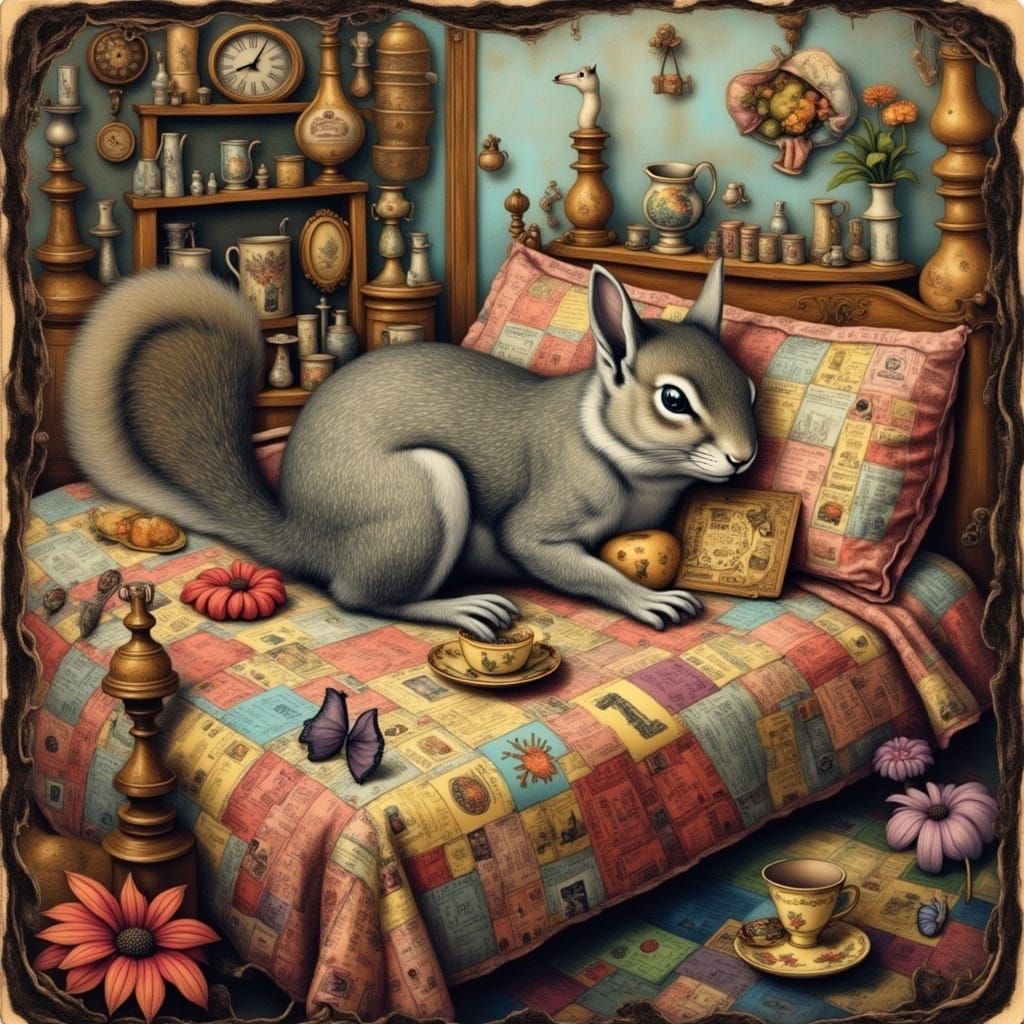 <lora:Alice in Wonderland:1.0> an adorable squirrel sleeps in a bed covered with vintage quilts, encaustic 