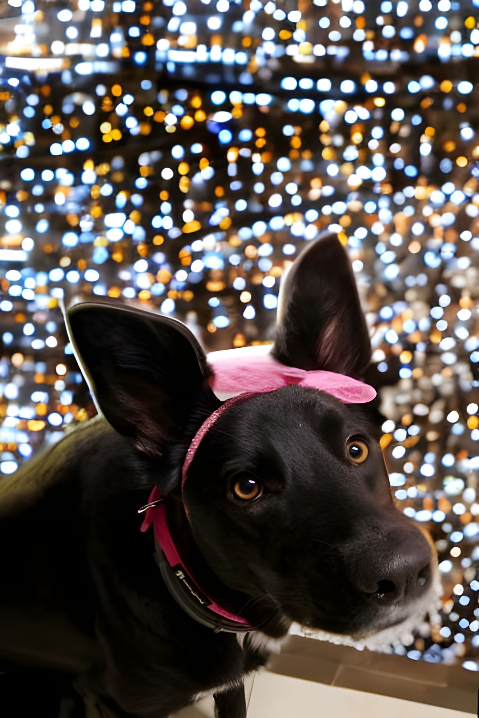 Cute panda dog with Paris lights behind