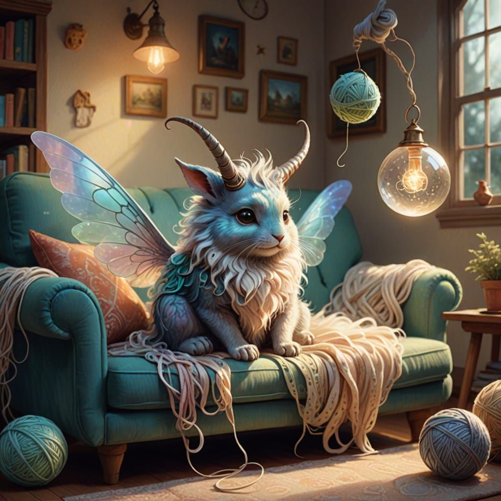 A fantasy pet with wings, horns, or magical powers acting like a typical house pet  by @Katerinafrompoem