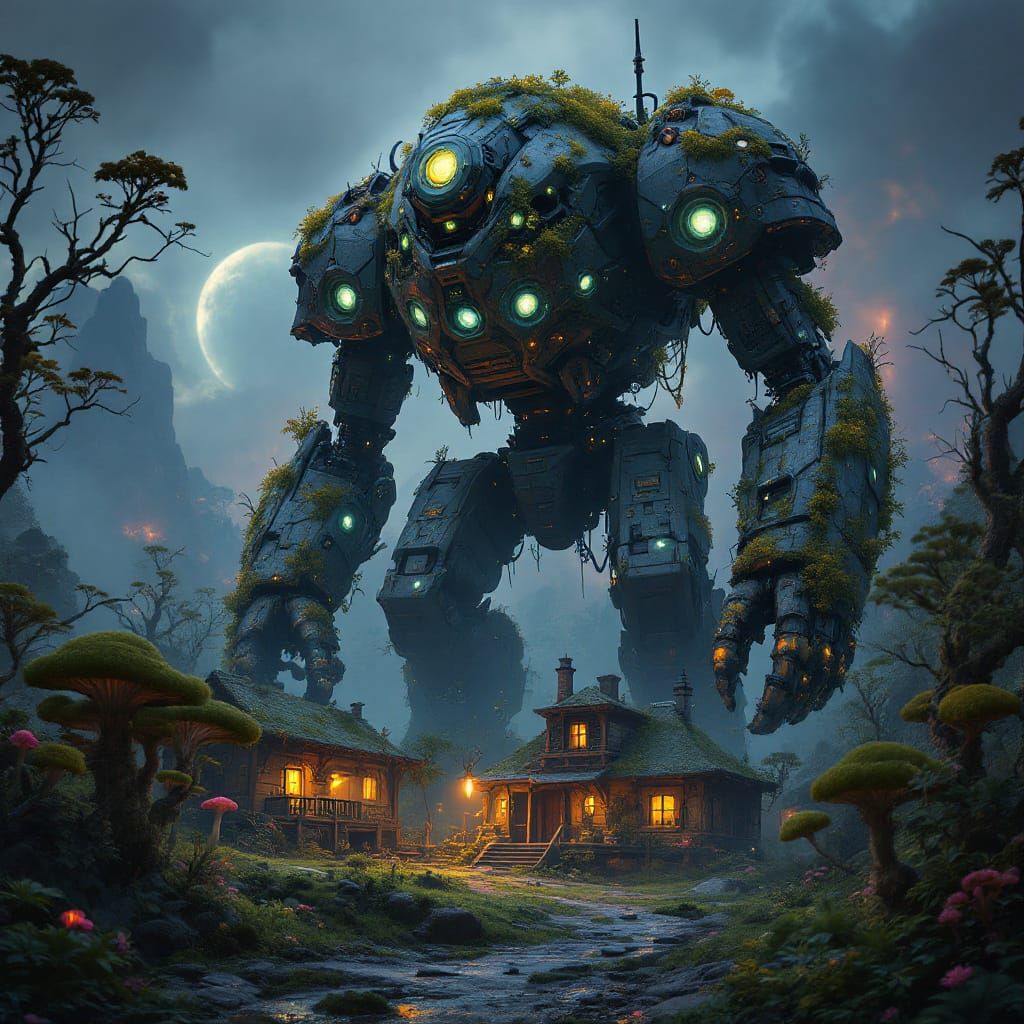 A colossal, ancient battle mech, weathered and overgrown with bioluminescent moss, stands sentinel over a forgotten, overgrown village.
Ethe...