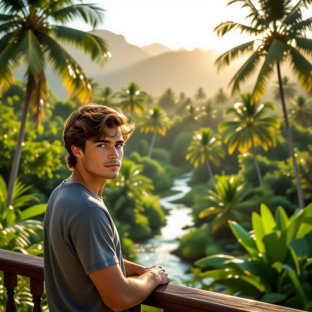 Young Man Overlooking Serene Palm Tree Landscape