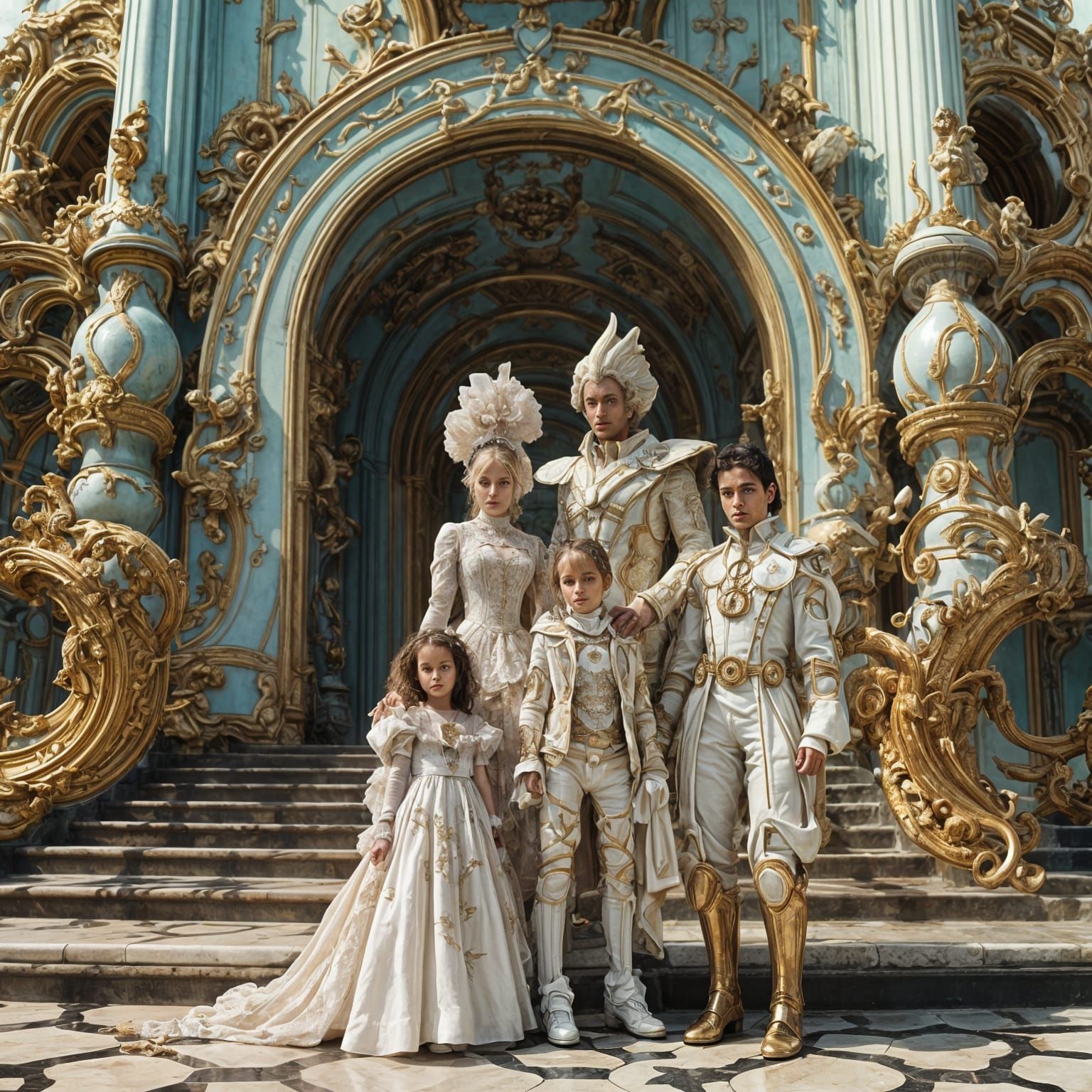 Family <lora:Rococowave:1.0> scifi futuristic rococo etherea...