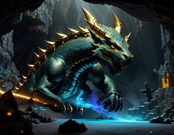 Hyperrealistic Dragon Guards Gem Hoard in Cave