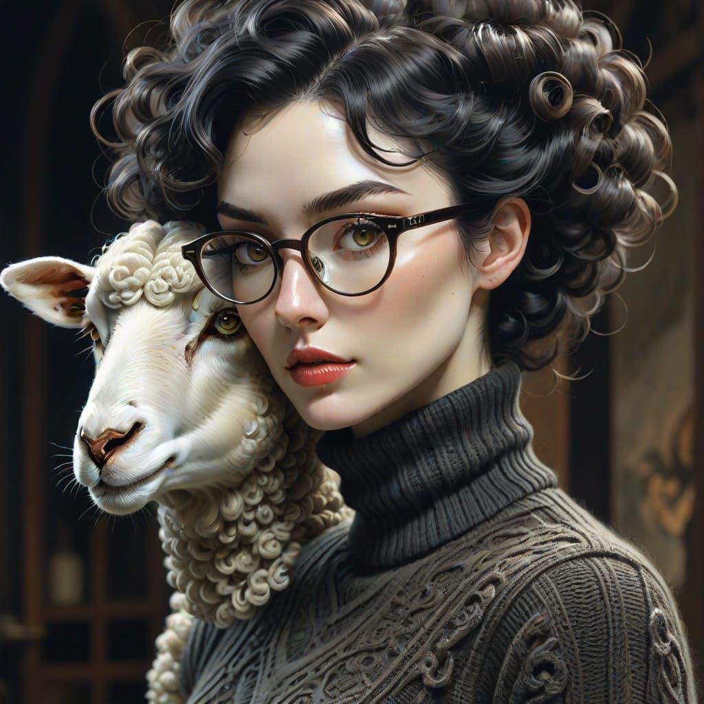 Elegant Sheep Woman in Bioluminescent Pin-up Style