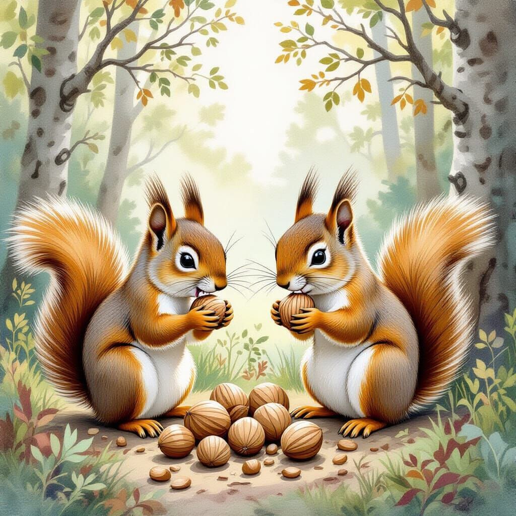 Squirrel Family Feast in Whimsical Forest