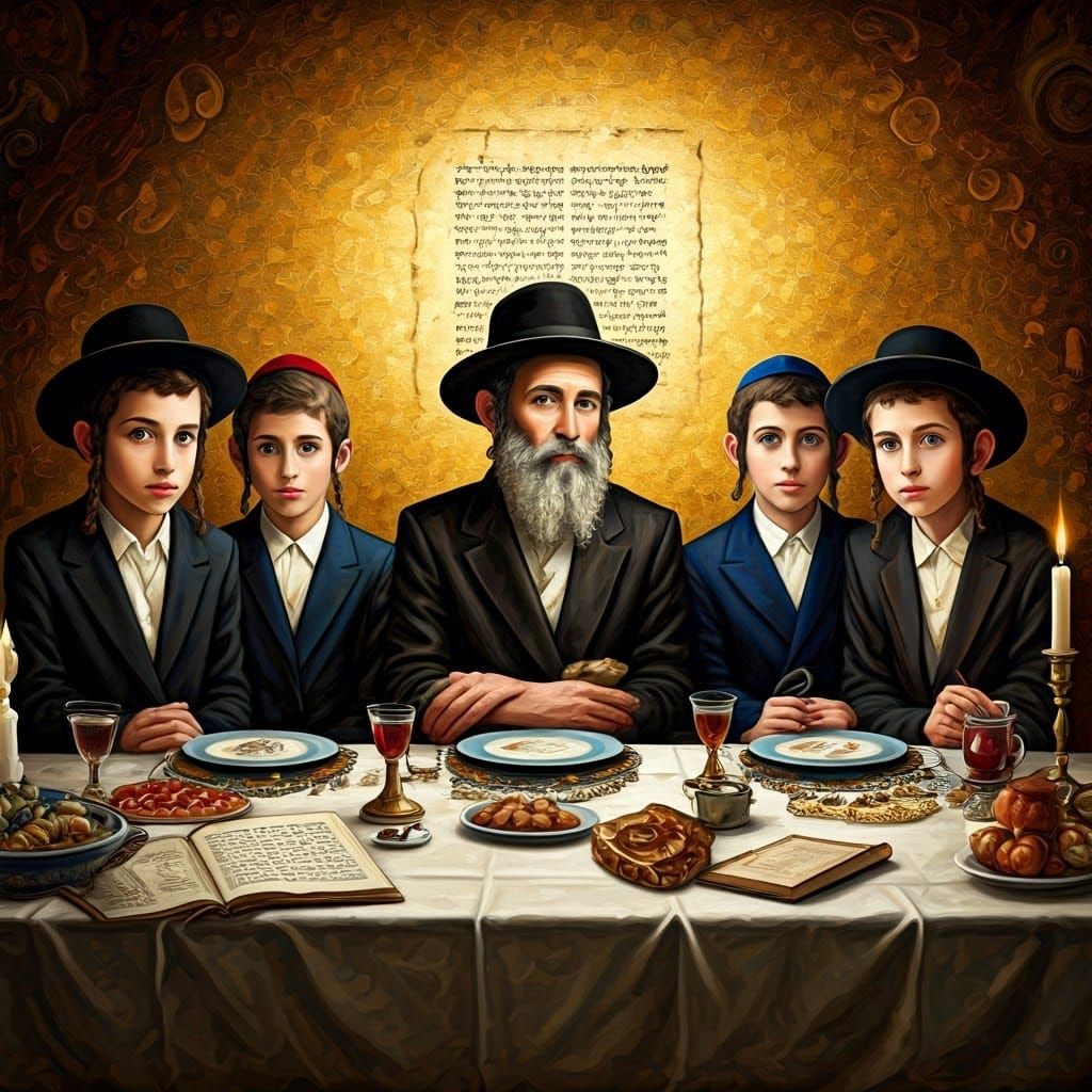 Four Unique Sons Gather at a Vibrant Passover Seder Table in...