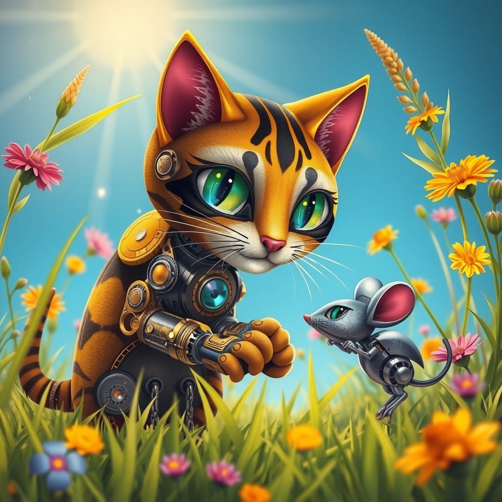 A mechanized tabby cat and a mechanized field mouse playing ...