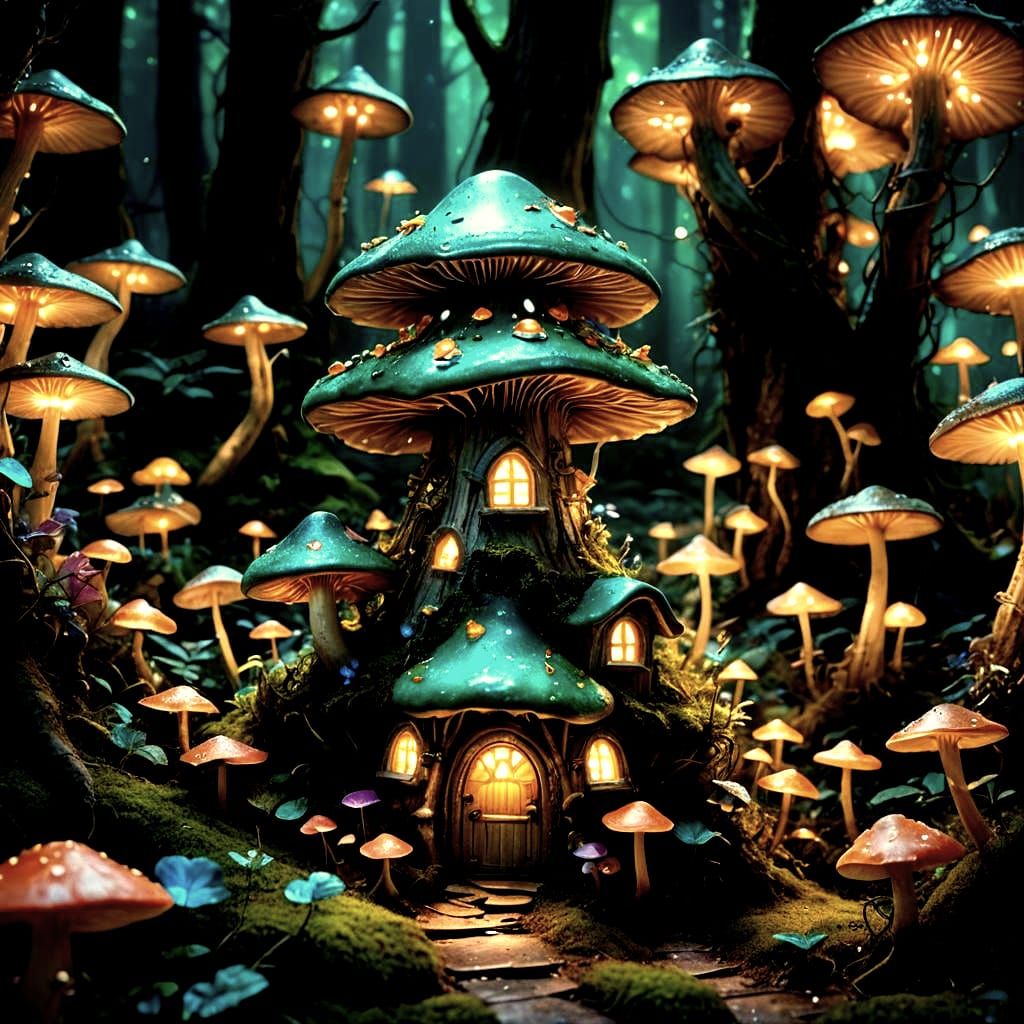A fairy mushroom house in an enchanted bioluminescent forest...