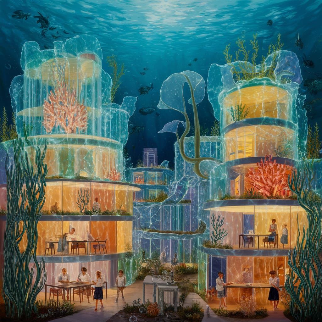 Envision an expansive oil painting that captures the essence of a civilization flourishing beneath the ...  by @Nednut4362