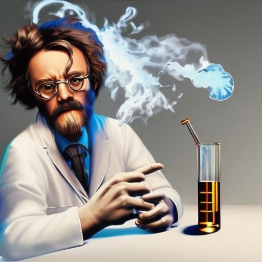 mad scientist, white lab coat, glasses, large mustache, beakers, flasks ...