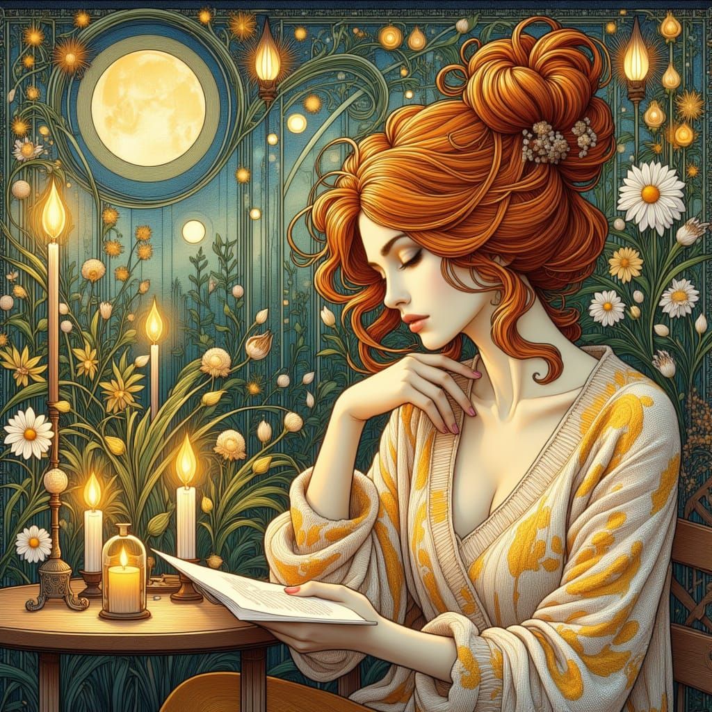 <lora:Art Nouveau:1.0> a beautiful woman, orange hair, bun, messy, yelow and white sweater, sits in garden and reads a letter in the candlel...
