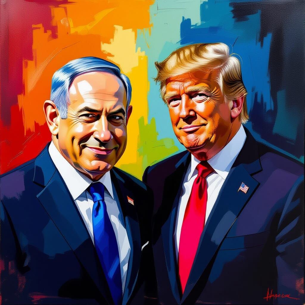 Bibi Netanyahu and Donald Trump Portrait in Vibrant Oil Pain...
