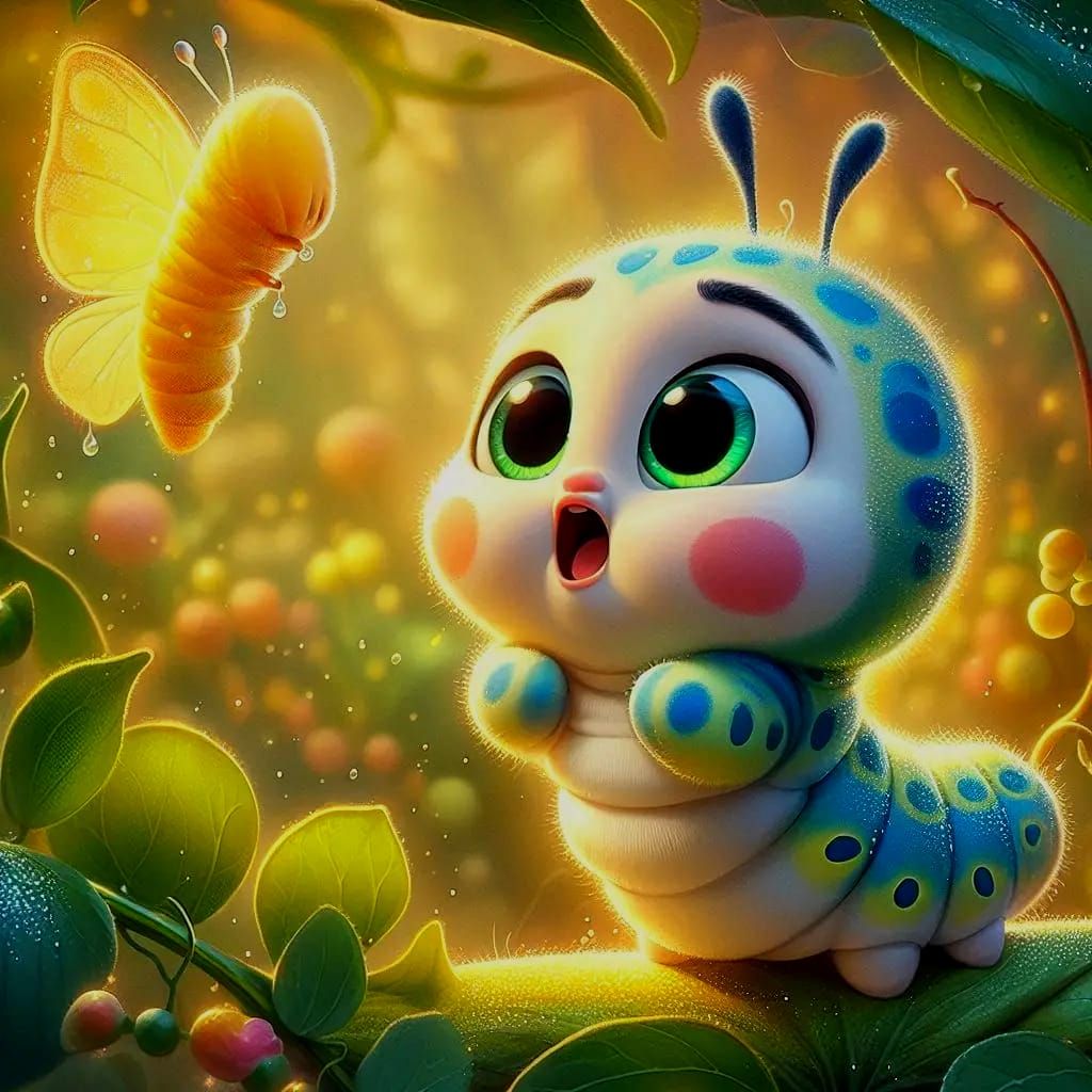 Baby caterpillar looking excited looking at the cocoon