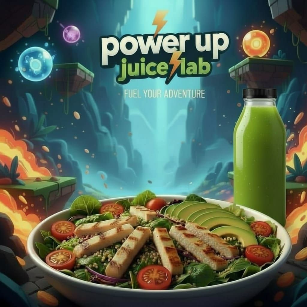 combo advertisement for a salad and a juice i want the salad to have tomatoes chicken and avocado in a bowl with a bottled juice at the top ...