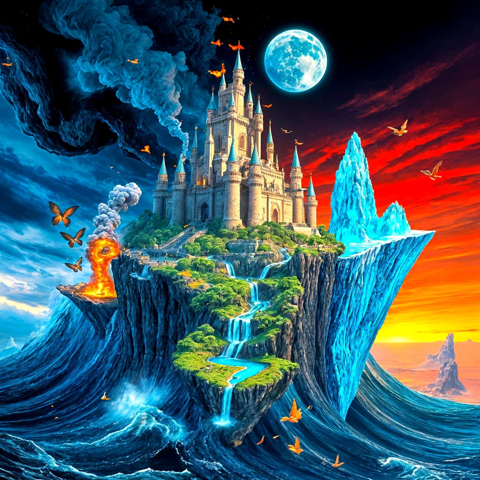 A highly detailed digital illustration depicts a fantastical, surreal landscape featuring three distinct, ...  by @bobcatsANDcoffee