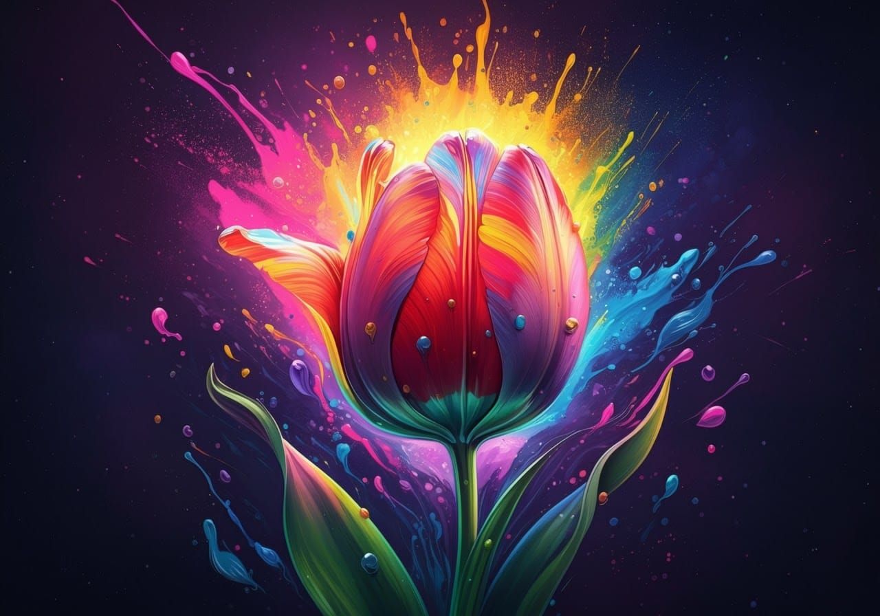 graceful rainbow color tulip, stem visible, vibrant color sc...