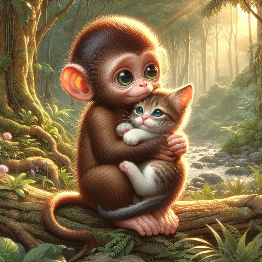 Baby monkey holding a kitten in his arms