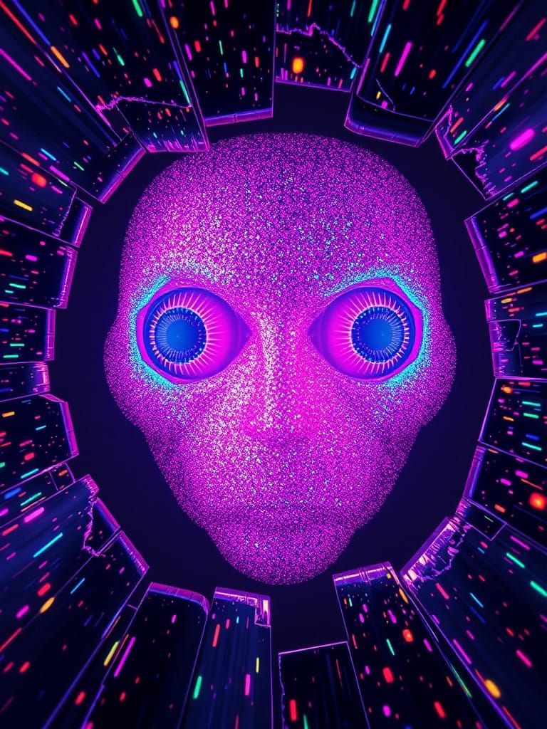 Glowing Face Radiates from Distorted VHS Screen in Futuristi...