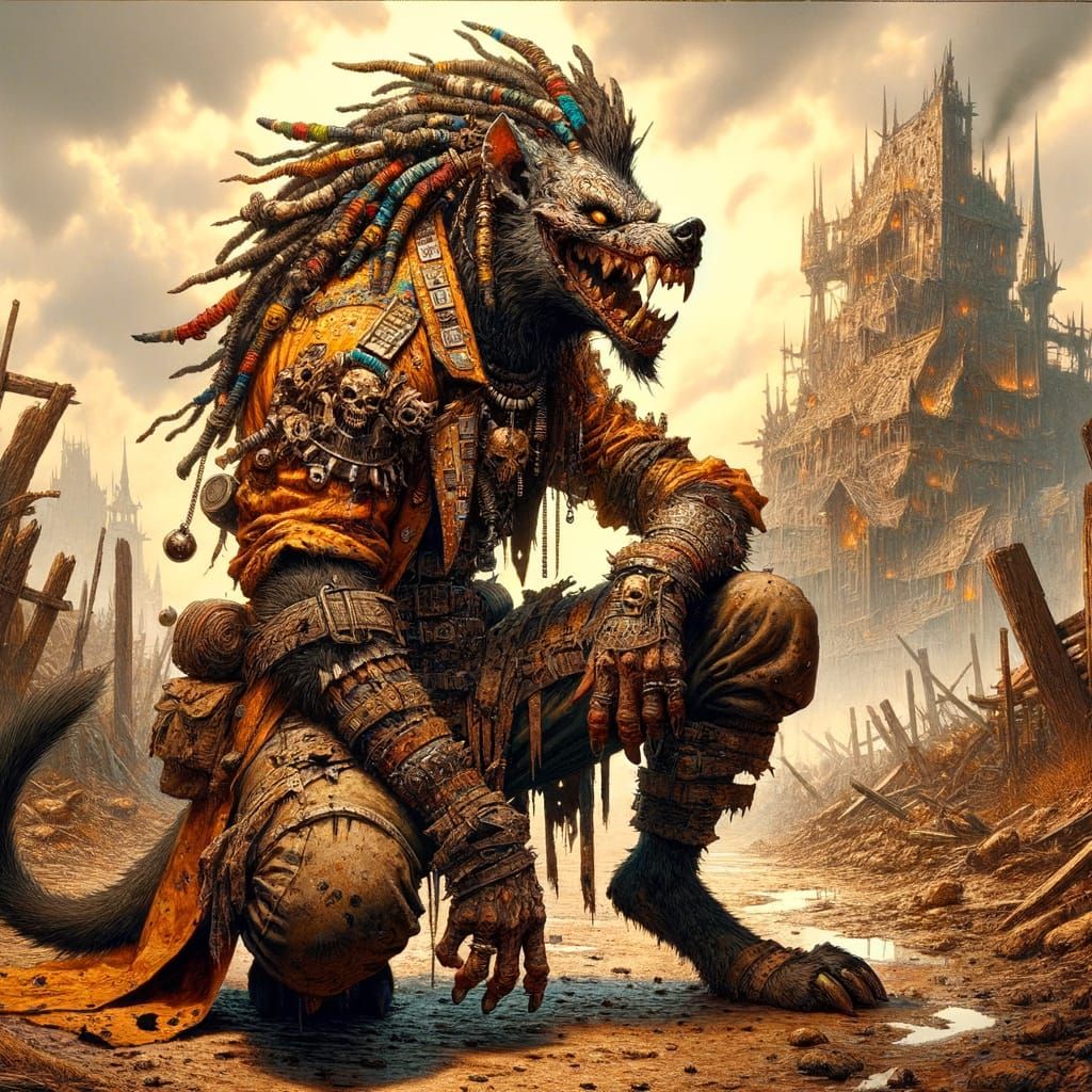 Imagine a modern comic book art style frame :: In the foreground, a decorated warrior gnoll, seamlessly mixing fantasy and punk gunge aesthe...